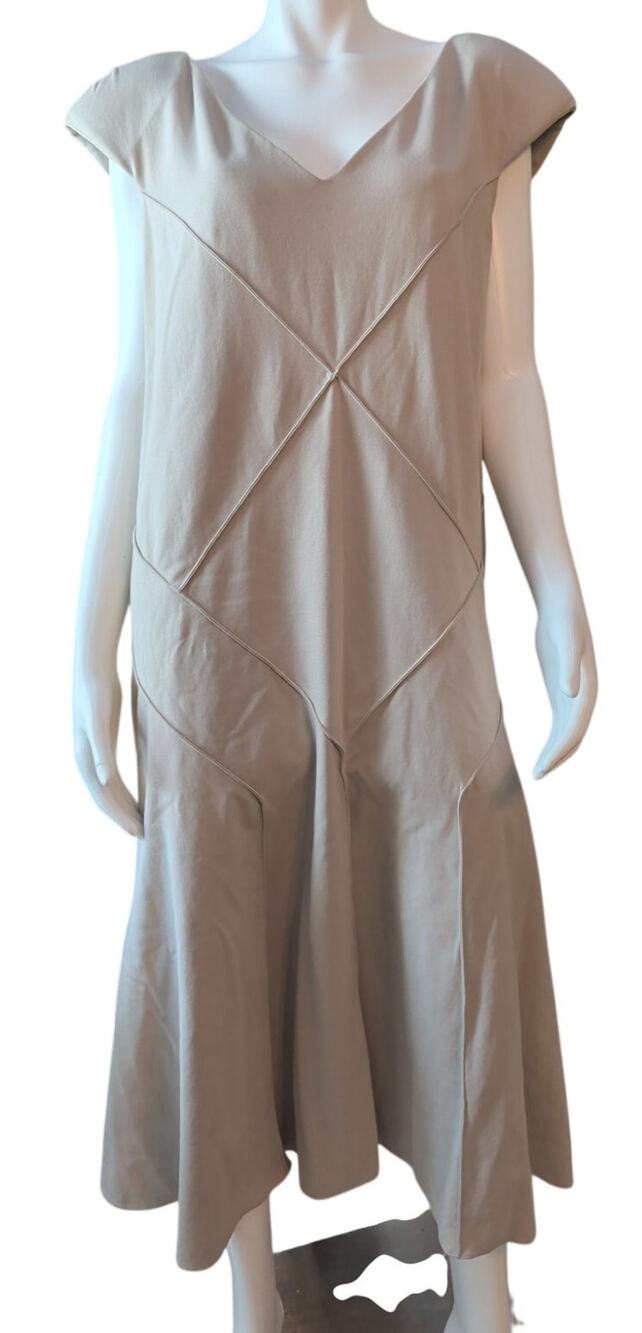 Chesca Maxi V-Neck Dress Cap Shoulders Diagonal Pattern Beige Women's Size 20